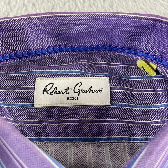 Robert Graham Purple Blue Stripe Dress Shirt Mens 16.5 42 100% Cotton Button Up - Picture 2 of 9